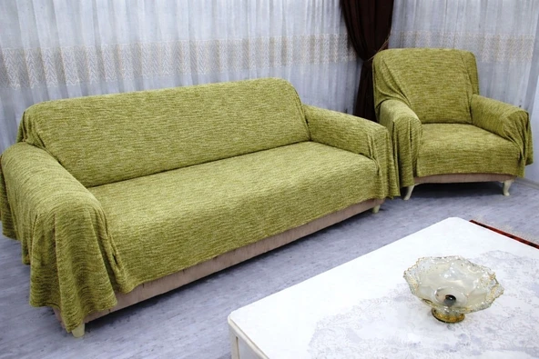 Mandaş Şönil Dokuma Koltuk Örtüsü Maxi Takım 3+3+1+1 yağ yeşili ürün görseli 1