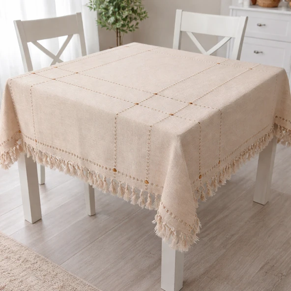 Manisa Dokuma Cendere simli  naturel  masa örtüsü 150*150 krem ürün görseli 1