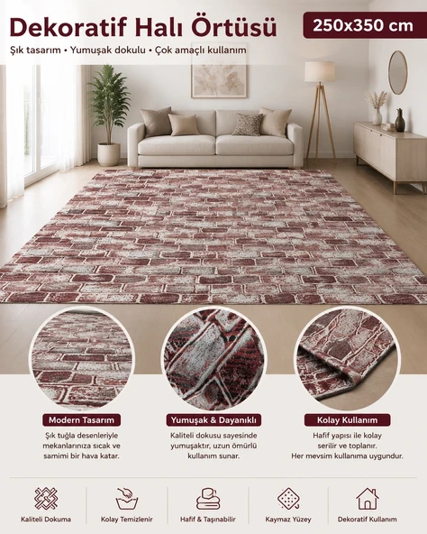 korkmaz mensucat lastiksiz halı örtüsü 9m2  (250*350) T1 Bordo ürün görseli 1
