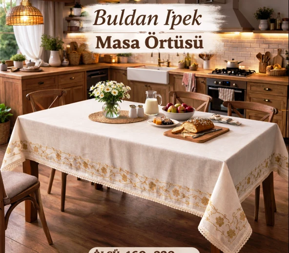 Mandas lase işlemeli  organize ipek masa örtüsü krem 160*160 ürün görseli 1
