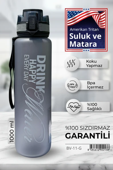 Beauty Vogue BV-11 Su Matarası 1L - BPA İçermez Tritan Motivasyonel Suluk - Okul - Spor - Kamp - Pro Matara ürün görseli 1