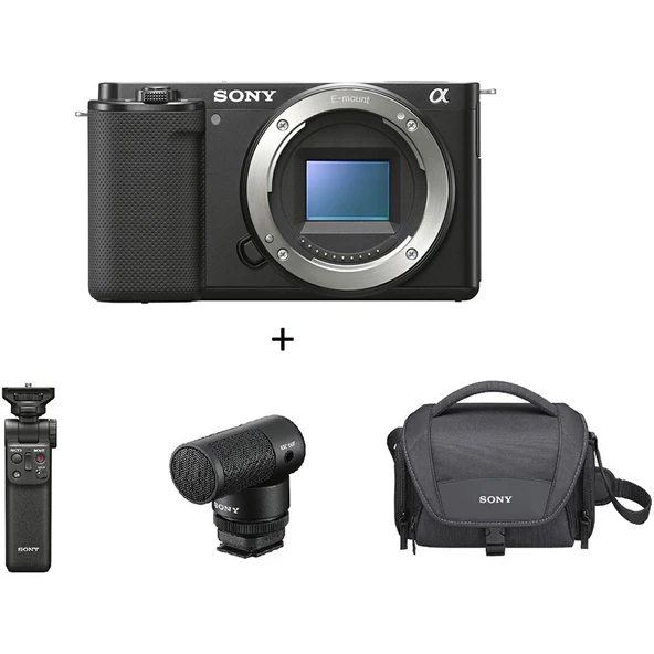 Sony Alpha ZV-E10 APS-C Aynasız Kamera Gövdesi Siyah – ILCEZVE10LB + GP-VPT2BT Grip + ECMG1 Mikrofon + LCSU21 Taşıma Çantası ürün görseli 1