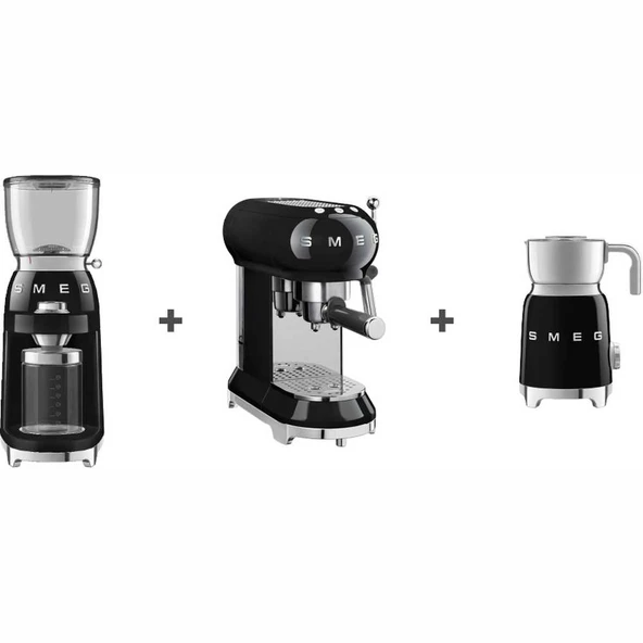 Smeg Espresso Kahve Makinesi Siyah ECF01BLUK + CGF01BLUK Kahve Öğütücü + MFF11BLUK Süt Köpürtücü ürün görseli 1