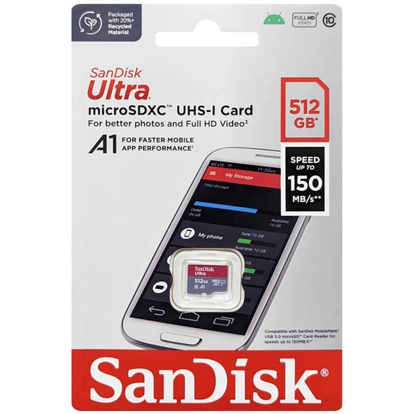 Sandisk Ultra UHS I MicroSD Hafıza Kartı 512GB Kırmızı/Gri SDSQUAC-512G-GN6MN ürün görseli 1