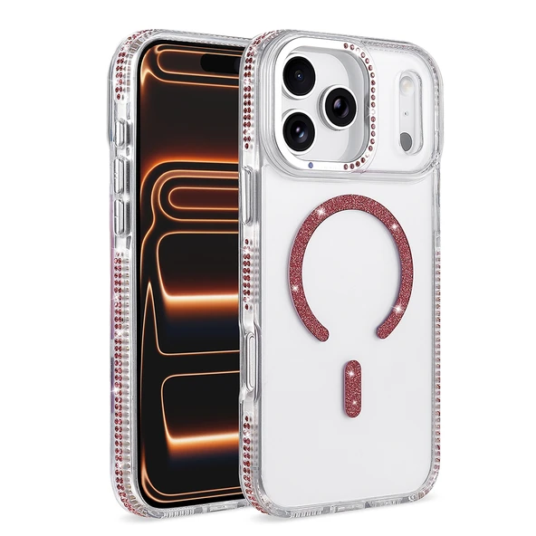 iPhone 17 Pro Max Kılıf Premium M-Safe Şarj Özellikli Şeffaf Kenari Taşli Simli Tera Silikon Kapak ürün görseli 1