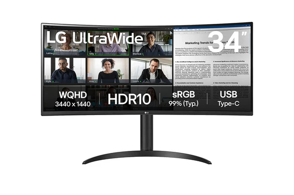 LG Ultra Geniş Monitör 34″ Kavisli, QHD, IPS Paneli, USB-C, HDR10, 75 Hz (34WR55QK-B) ürün görseli 1