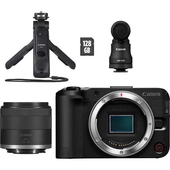Canon EOS R50 V 4K ve 24,2 MP APS‑C RF‑S 14‑30 mm F4‑6.3 IS STM Vlogging Lens Kitine sahip Aynasız Dijital Fotoğraf Makinesi – Siyah ürün görseli 1