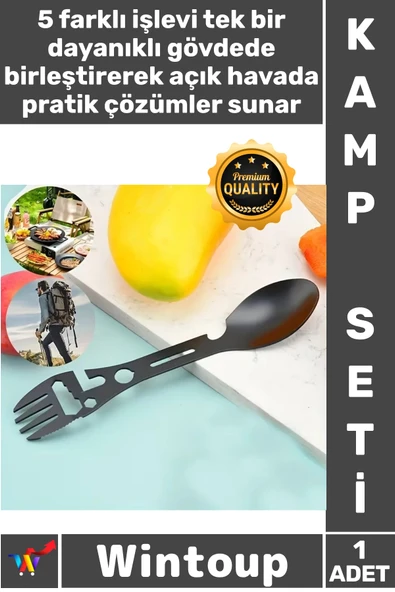 #KampSeti Outdoor Kamp Ekipman Paslanmaz Çelik 5 Fonksiyonlu 2'li Paket Taktiksel Spork Kaşık Çatal ürün görseli 1