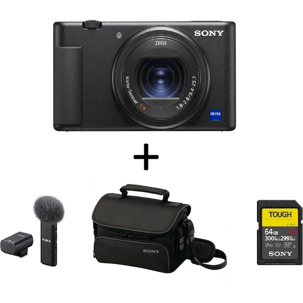 Sony DSCZV1 Dijital Vlog Kamerası Siyah + ECMW2BT Kablosuz Mikrofon + LCSBDM Yumuşak Taşıma Çantası + SF-G64T Tough Serisi Hafıza Kartı ürün görseli 1