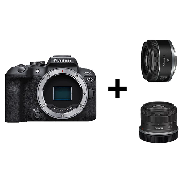 Canon EOS R10 Aynasız Dijital Fotoğraf Makinesi Gövdesi Siyah, RF-S 18-45mm F4.5-6.3 IS STM Lens + RF50mm F1.8 STM ile ürün görseli 1