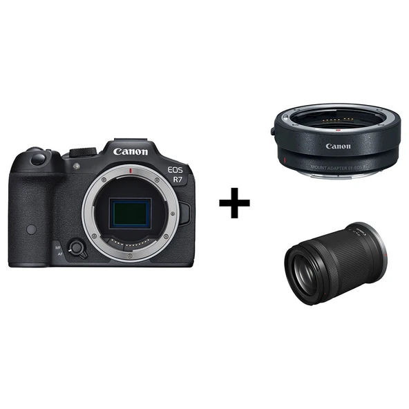 Canon EOS R7 Aynasız Dijital Fotoğraf Makinesi Gövdesi Siyah, RF-S 18-150mm F3.5-6.3 IS STM Lens ve EF-EOS R Montaj Adaptörü ile ürün görseli 1