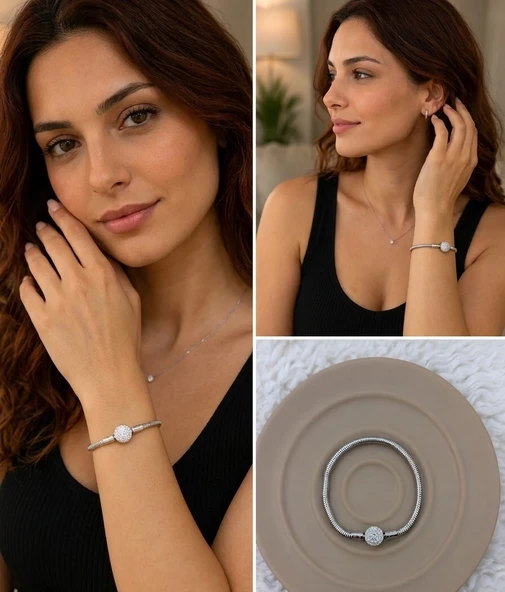 ? Premium Gümüş Renk Parlak Yuvarlak Taşlı 316L Çelik Charm Bileklik (18cm Uzunluk) ürün görseli 1