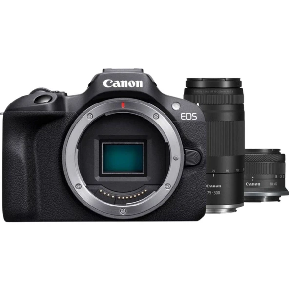 Canon EOS R100 Aynasız Dijital Fotoğraf Makinesi Siyah + RF-S 18-45mm IS STM Lens + RF 75-300mm F4-5.6 Lens ürün görseli 1