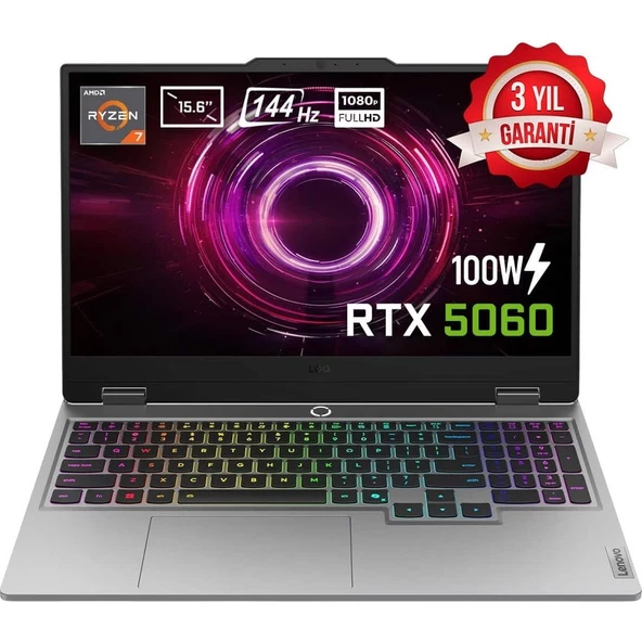 Lenovo LOQ 15AHP10 AMD Ryzen 7 250 16GB DDR5 1TB SSD RTX 5060 8GB 100W 15.6 inç Full HD 144Hz IPS FreeDos Gaming Laptop (83JG008UTR) ürün görseli 1