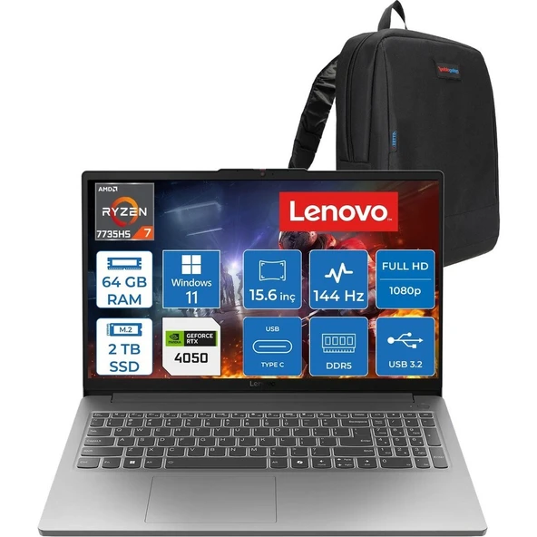 Lenovo Loq 15ARP10E Amd Ryzen™ 7 7735HS 64GB Ddr5 2tb SSD Rtx™ 4050/6GB 65W 15.6" Fhd (1920X1080) IPS 300NITS 144Hz WIN11HOME Gaming Bilgisayar 83S00030TRH24+ZETTAÇANTA ürün görseli 1