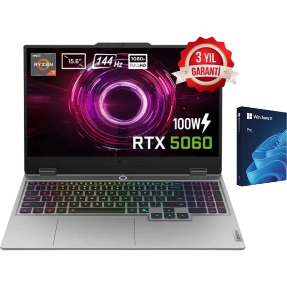 Lenovo Loq 15AHP10 Amd Ryzen 7 250 Geforce Rtx 5060 8gb 100W Windows 11 Pro Oem USB Kutu 15.6 Inç Full Hd 144Hz IPS Gaming Laptop (83JG008UTR) ürün görseli 1