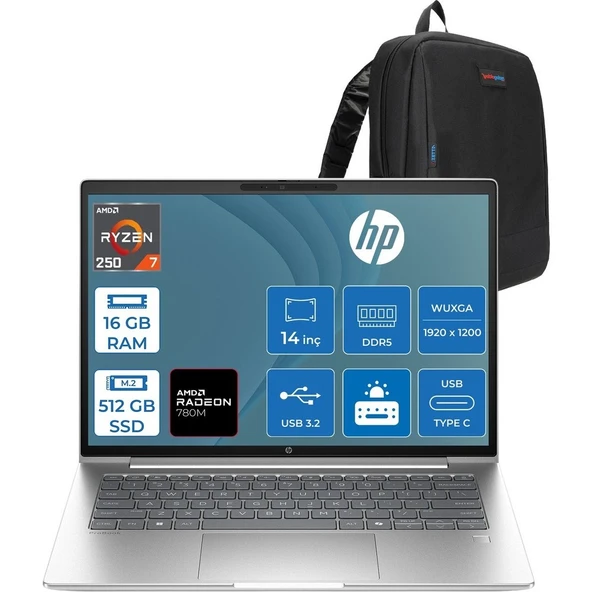 HP Probook 4 G1A 14 Amd Ryzen™ 7 250 16GB Ddr5 512GB SSD 14" Inch Amd Radeon™ 780M Wuxga (1920X1200) IPS 300NITS Freedos Taşınabilir Bilgisayar D36KHETF02+ZETTAÇANTA ürün görseli 1