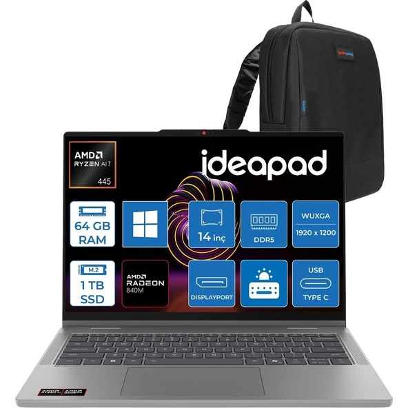Lenovo Ideapad 5 2-In-1 14AGP11 Amd Ryzen Aı 7 445 64GB Ddr5 1tb SSD Radeon™ 840M Graphics 14" Wuxga (1920X1200) IPS 400NITS Dokunmatik WIN11PRO Bilgisayar 83UH0049TRP23+ZETTAÇANTA ürün görseli 1