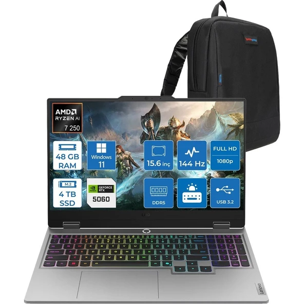 Lenovo Loq 15AHP10 Amd Ryzen 7 250 Aı 48GB Ddr5 4tb SSD 8GB/RTX5060 100W Gddr7 15.6" Fhd (1920X1080) IPS 300NITS 144Hz WIN11PRO Gaming BILG.83JG008UTRP15+ZETTAÇANTA ürün görseli 1