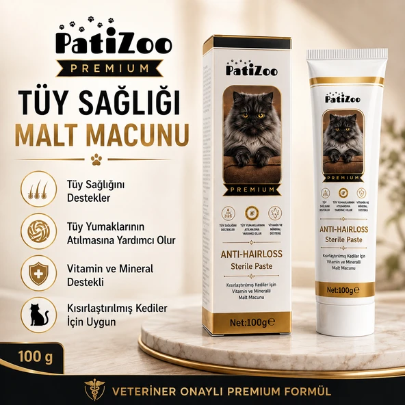 Patizoo Premium Kısırlaştırılmış Kedi Malt Macunu 100 gr. Tüy Sağlığı Desteği, Tüy Yumağı Kontrolü ve Vitamin Destekli Formül ürün görseli 1