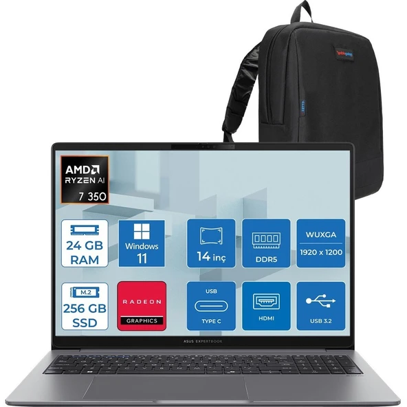 Asus Expertbook P3 PM3406CKA Ryzen Aı 7-350 24GB Ddr5 256GB SSD Radeon 860M 14.0-Inch, Wuxga (1920 x 1200) 300NITS WIN11HOME Taşınabilir Bilgisayar PM3406CKAH01+ZETTAÇANTA ürün görseli 1