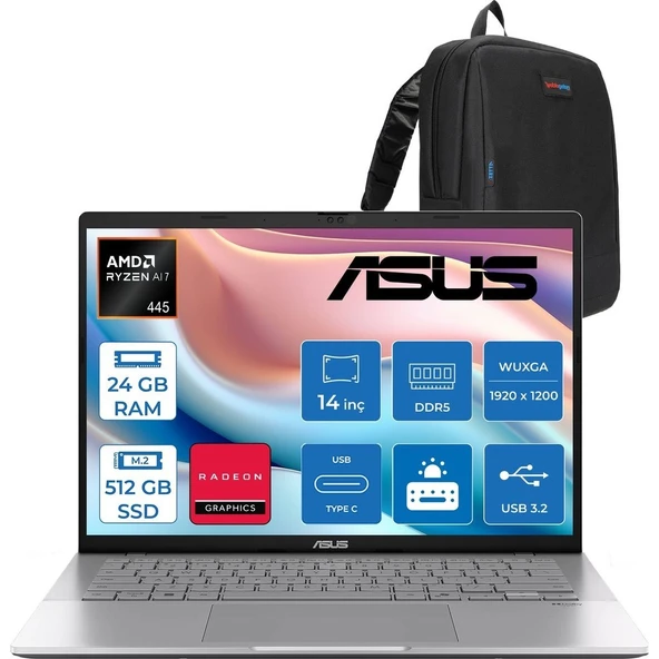 Asus Vivobook M3407GA Amd Ryzen Aı 7 445 Aı 24GB Ddr5 512GB SSD 14.0-Inch, Wuxga (1920 x 1200) OLED 0.2ms 300NITS Freedos Taşınabilir Bilgisayar WSF013F07+ZETTAÇANTA ürün görseli 1