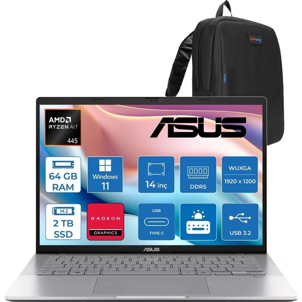 Asus Vivobook M3407GA Amd Ryzen Aı 7 445 Aı 64GB Ddr5 2tb SSD 14.0-Inch, Wuxga (1920 x 1200) OLED 0.2ms 300NITS WIN11PRO Taşınabilir Bilgisayar WSF013P24+ZETTAÇANTA ürün görseli 1