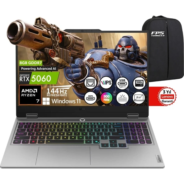 Lenovo Loq 15AHP10 Amd Ryzen 7 250 RTX5060 100W 24GB Ram 2tb SSD 15.6" Fhd IPS 144Hz W11 83JG008UTR Taşınabilir Bilgisayar ürün görseli 1