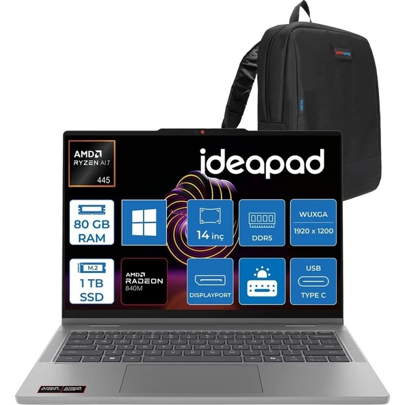 Lenovo Ideapad 5 2-In-1 14AGP11 Amd Ryzen Aı 7 445 80GB Ddr5 1tb SSD Radeon™ 840M Graphics 14" Wuxga (1920X1200) IPS 400NITS Dokunmatik WIN11PRO Bilgisayar 83UH0049TRP28+ZETTAÇANTA ürün görseli 1