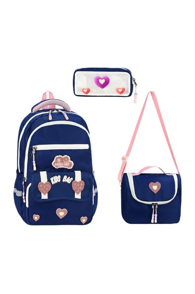 İlkokul Kız Çocuk Çantası 3'lü Set Kalpli Desen 40*30 Cm Beslenme Çantası Kalem Kutusu Ortopedik ürün görseli 1