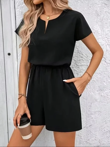 Kadın Kısa Kollu V Yakalı Beli Lastikli Kısa Ithal Krep Tulum ürün görseli 1