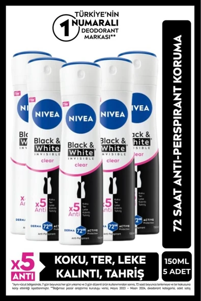 Kadın Sprey Deodorant Black&white Invisible Clear 150ml, 48 Saat Anti-perspirant Koruma, X5 Adet ürün görseli 1