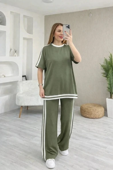 Kadın Kısa Kollu Bisiklet Yaka çift Renk şerit Detaylı Viskon Iki Iplik Bluz Ve Pantolon Ikili Takım ürün görseli 1
