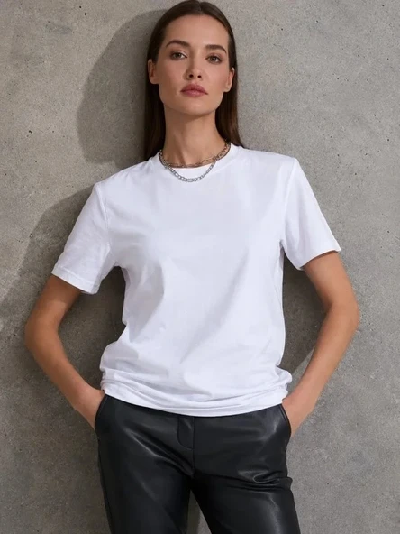 Unisex Kısa Kollu Bisiklet Yaka Basic Viskon Bluz - Resim 2
