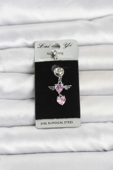 316L Cerrahi Çelik Pembe Zirkon Taşlı Kanat Model Göbek Piercing ürün görseli 1