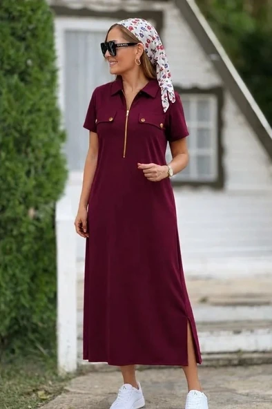 Kadın Kısa Kollu Yakalı Fermuarlı Uzun Viskon Iki Iplik Elbise ürün görseli 1