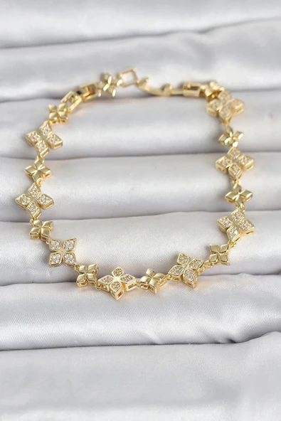 Pirinç Zirkon Taşlı Yonca Model Gold Renk Kadın Bileklik ürün görseli 1