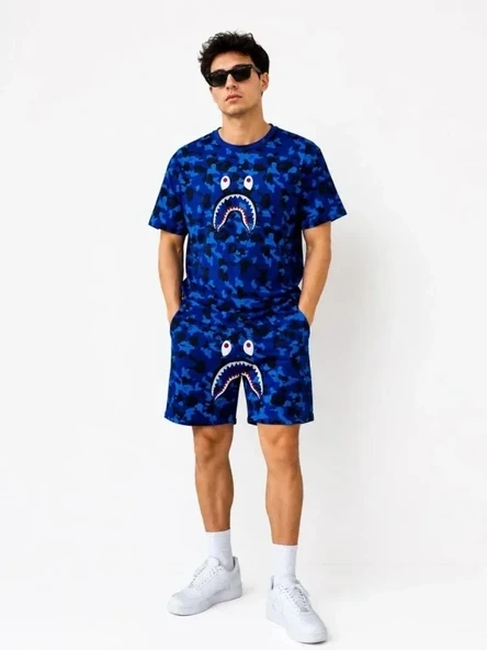 Erkek Oversize Kalıp Pubg Bape X Shark Nakışlı Cepli Şort Takım - Mavi ürün görseli 1