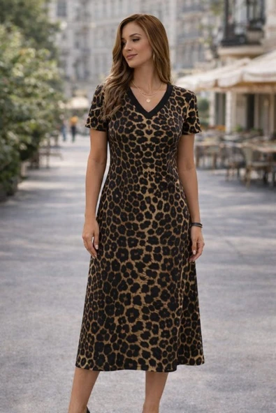 Kadın Kısa Kollu V Yakalı Leopar Desenli Kısa Süprem Elbise ürün görseli 1