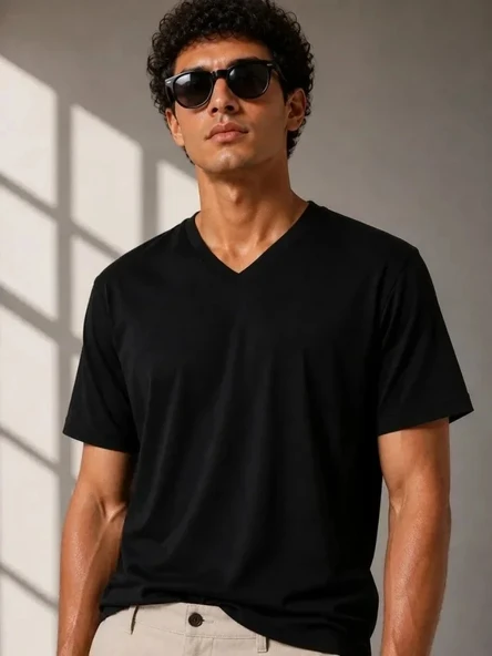 Erkek V Yaka Basic Tişört Kısa Kol Yazlık Regular Fit T-Shirt - Siyah ürün görseli 1