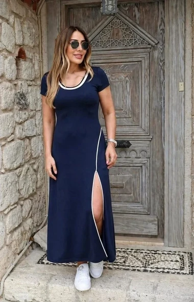 Kadın Kısa Kollu Yuvarlak Yaka Beyaz Yırtmaç Detaylı Viskon Tam Boy Elbise ürün görseli 1