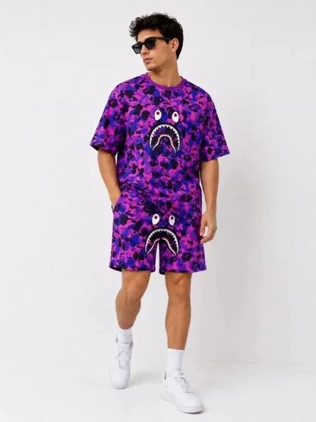 Erkek Oversize Kalıp Pubg Bape X Shark Nakışlı Cepli Şort Takım - Mor ürün görseli 1