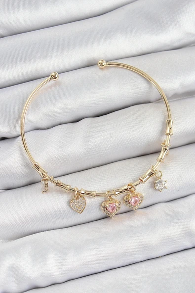 Pirinç Zirkon Taşlı Pembe Kalp Model Gold Renk Charm Bileklik ürün görseli 1