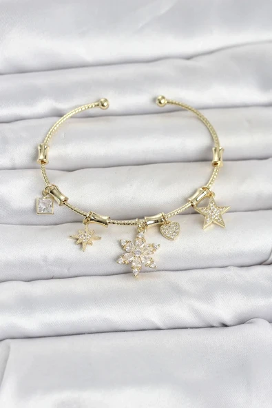Pirinç Gold Renk Lotus Detay Charmlı Kadın Bileklik ürün görseli 1