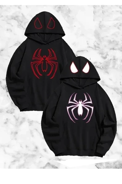 Sevgili Çift Kombini Örümcek Baskılı Kapüşonlu Sweatshirt Hoodie - Siyah ürün görseli 1