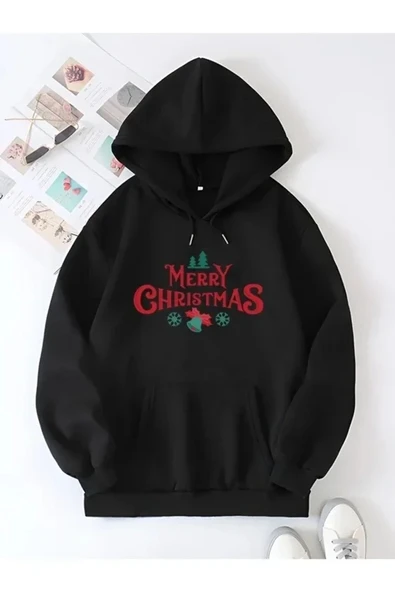 Yılbaşı Merry Christmas Baskılı Oversize Kapüşonlu Sweatshirt Hoodie - Siyah ürün görseli 1