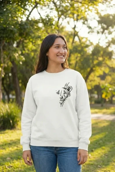 Sevgililer Günü Özel Bisiklet Yaka Baskılı Oversize Sweatshirt - Beyaz ürün görseli 1