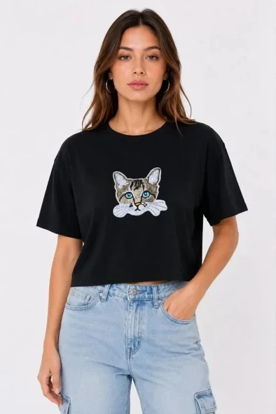 Kedi Baskılı Oversize Crop Tişört Salaş Basic Yarım Kol T-shirt - Siyah ürün görseli 1