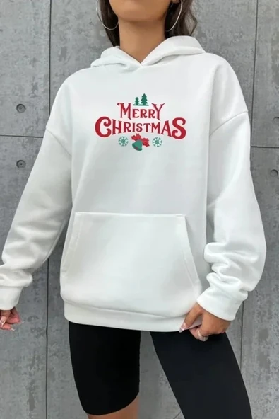 Yılbaşı Merry Christmas Baskılı Oversize Kapüşonlu Sweatshirt Hoodie - Beyaz ürün görseli 1