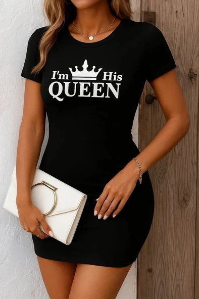 Kadın Kısa Kollu Queen Baskı Iki Iplik Mini Elbise ürün görseli 1